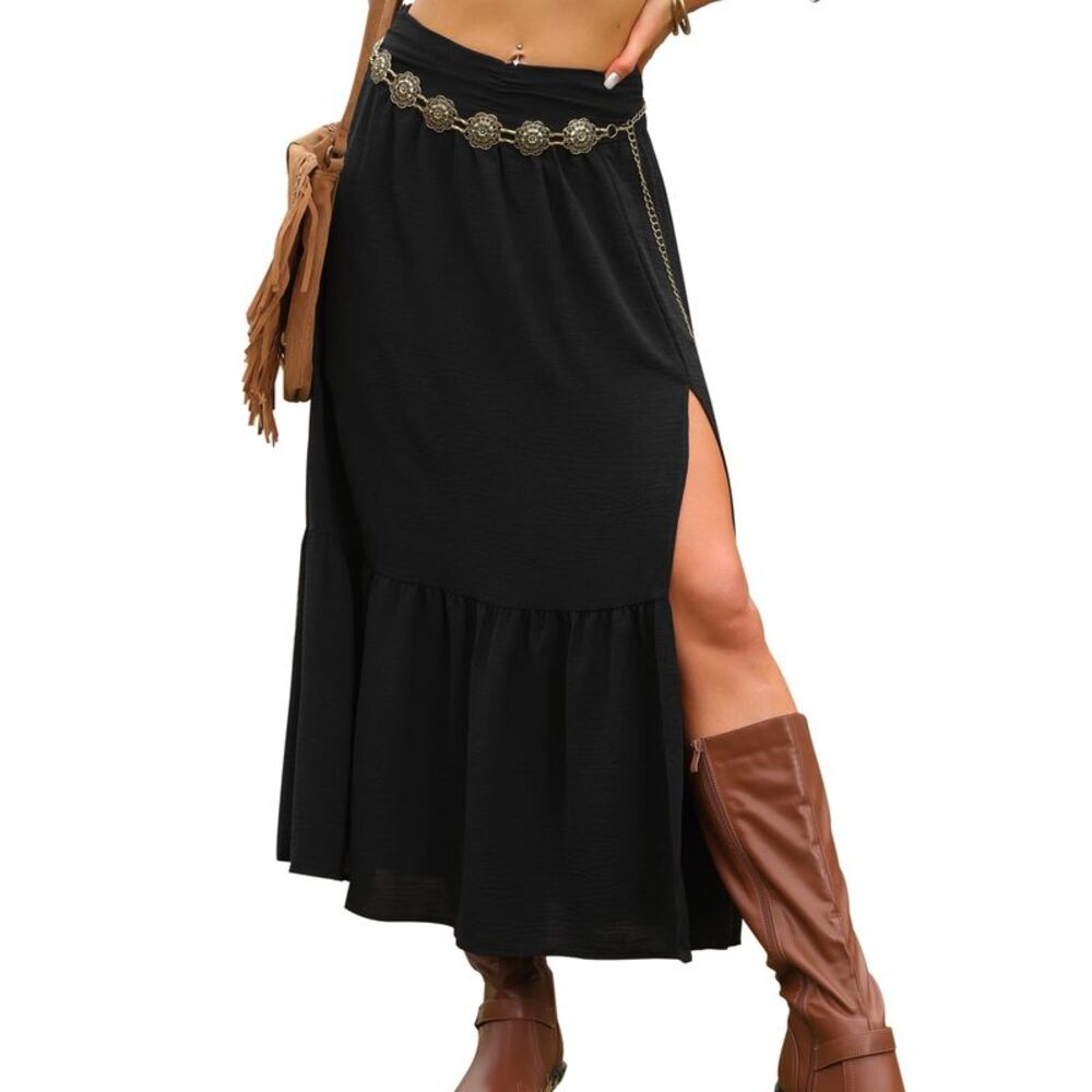 Women Boho Casual Summer High Waisted A Line Long Maxi Skirts Black